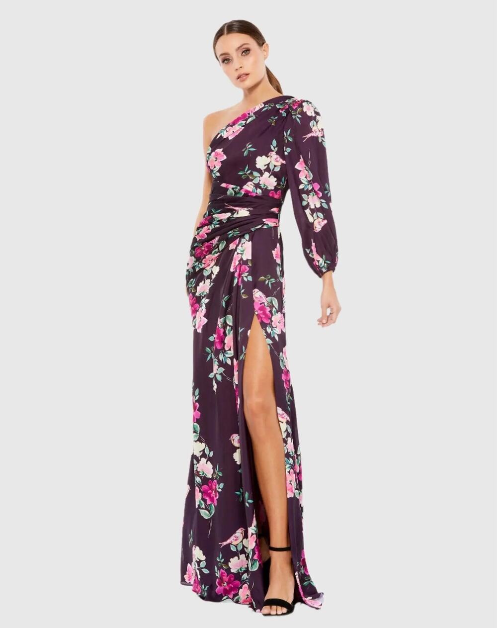 Mac Duggal 2634 Plum Purple Floral One-Shoulder Charmeuse Gown with Slit Size XL